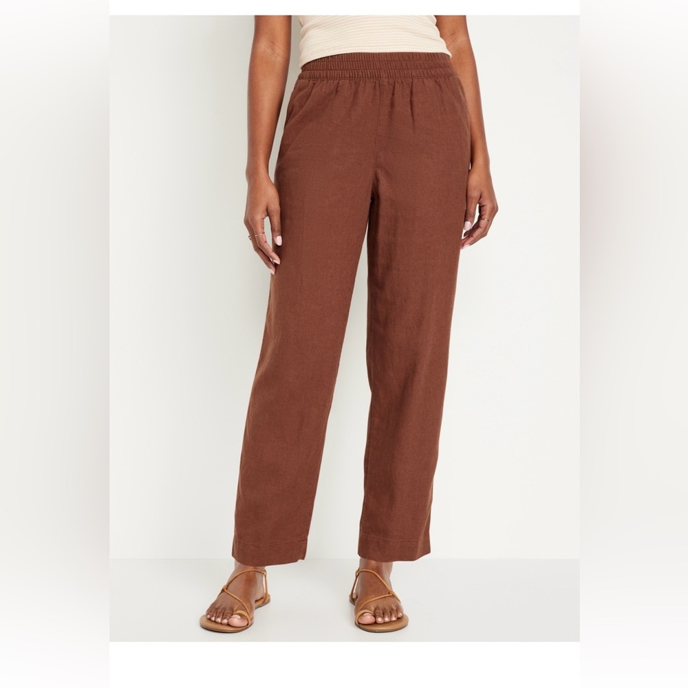 Old Navy Women's Brown Size L Linen High Wasted Pull On Straight Leg Pants